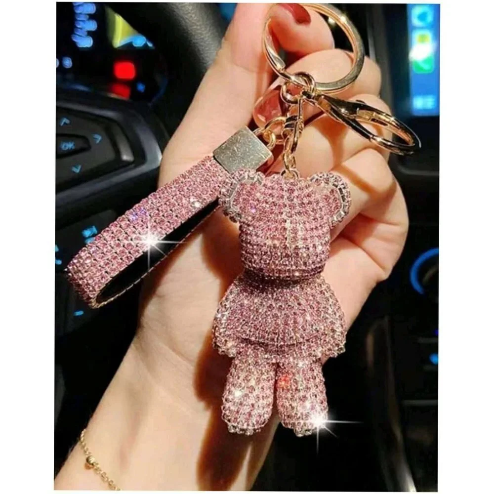 Trendy Rhinestone-embedded Bear Shaped Keychain For Women